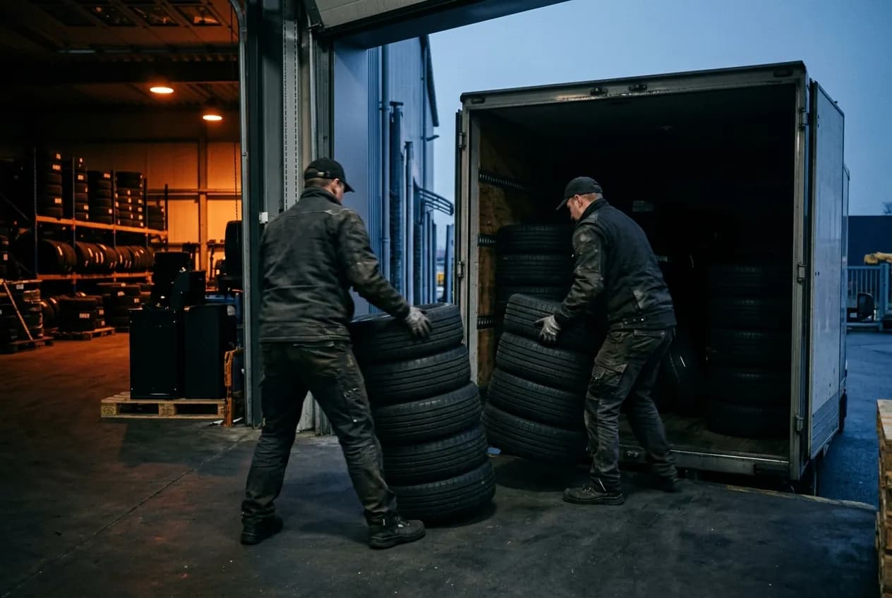 New tyres being loaded onto a delivery truck