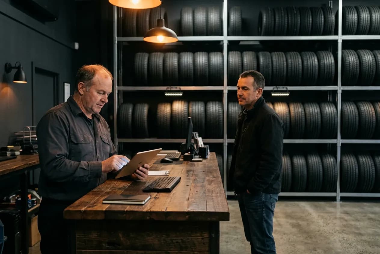 A tyre shop counter with a customer being served